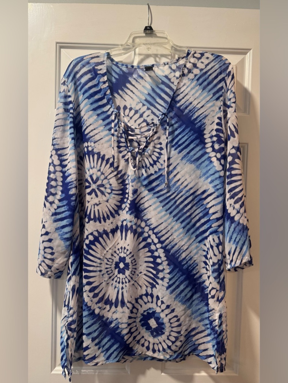 a.n.a Blue and White Tie-Dye Swim Coverup with Lace-Up Neck